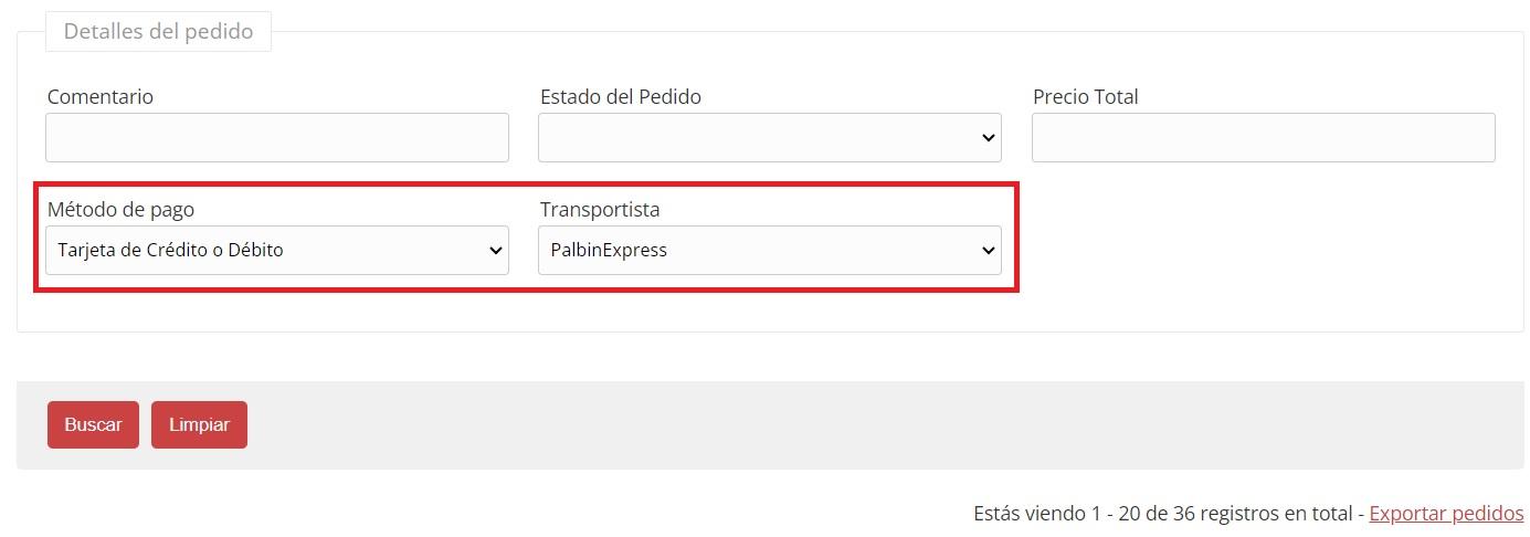 Filtro de pedidos por transportista o método de pago