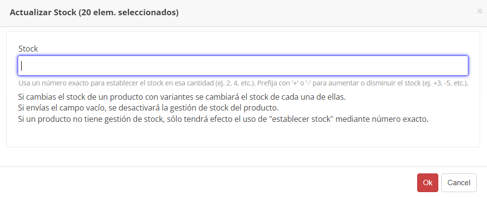 Acción en lote para cambiar el Stock y Precio de varios productos