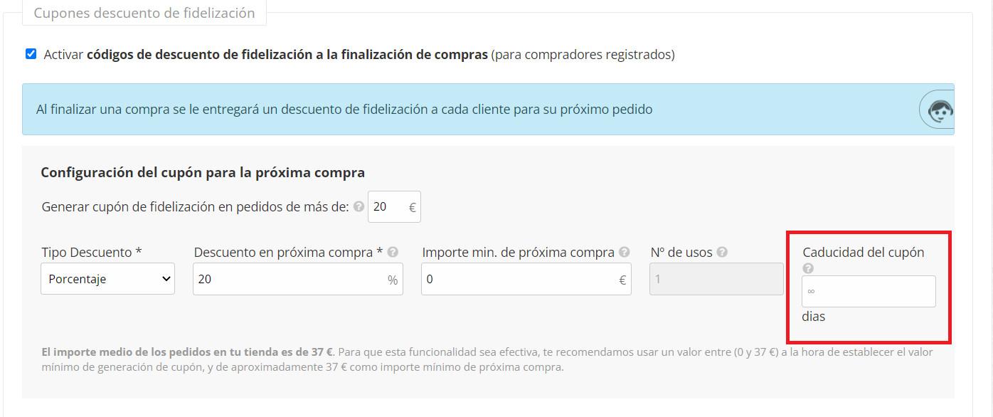 Nuevo campo de configuración para fijar fecha de caducidad a los cupones de fidelización y cumpleaños.