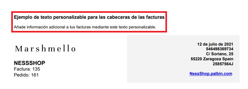 Texto personalizable en la parte superior de tus facturas