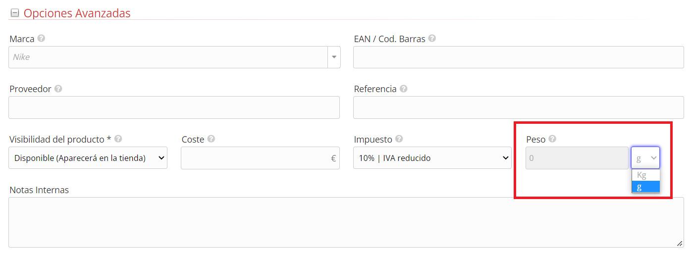 Opción para cambiar la visualización de la unidad de peso de los productos de tu catálogo